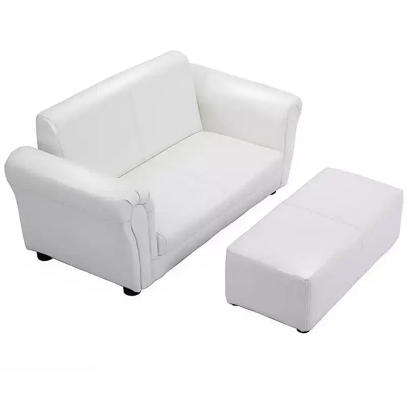 Fauteuil de canapé pour enfants avec pouf - Cuir synthétique blanc, 3-9 ans, capacité de 60 kg