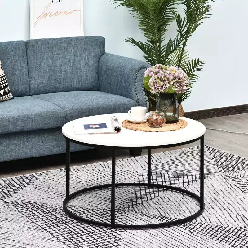 Table basse moderne, Table basse ronde avec cadre en métal noir pour le salon, Blanc