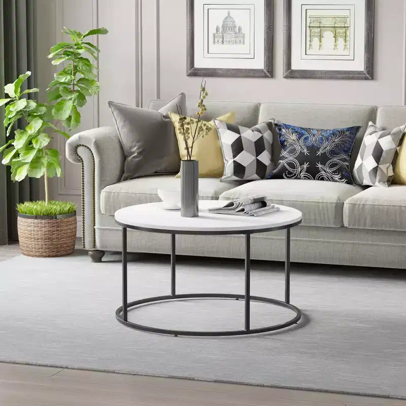 Table basse moderne, Table basse ronde avec cadre en métal noir pour le salon, Blanc