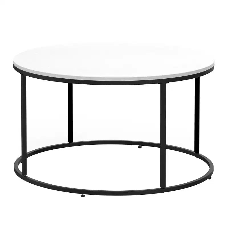 Table basse moderne, Table basse ronde avec cadre en métal noir pour le salon, Blanc