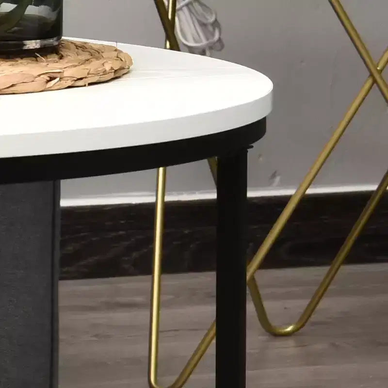 Table basse moderne, Table basse ronde avec cadre en métal noir pour le salon, Blanc