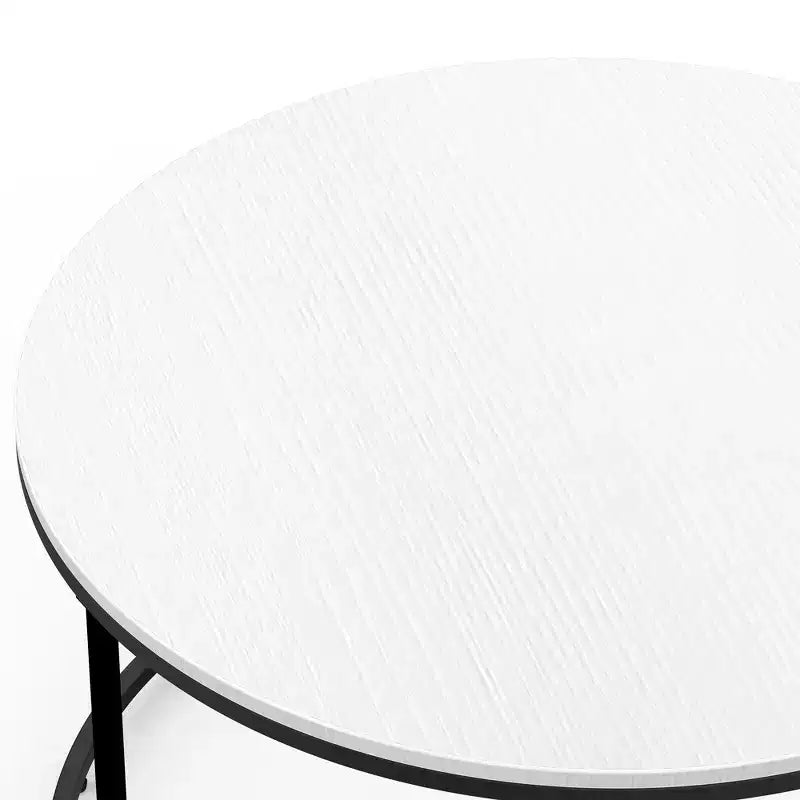 Table basse moderne, Table basse ronde avec cadre en métal noir pour le salon, Blanc