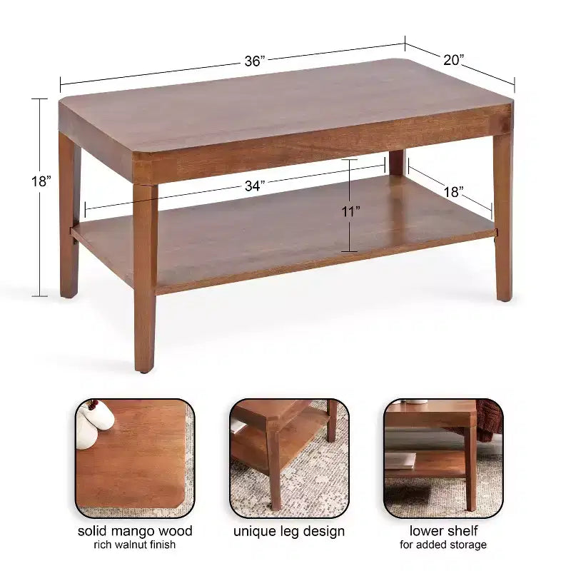 Table Basse Rectangulaire - Deux Niveaux en Bois de Mangue Massif, 36x20x18 Pouces
