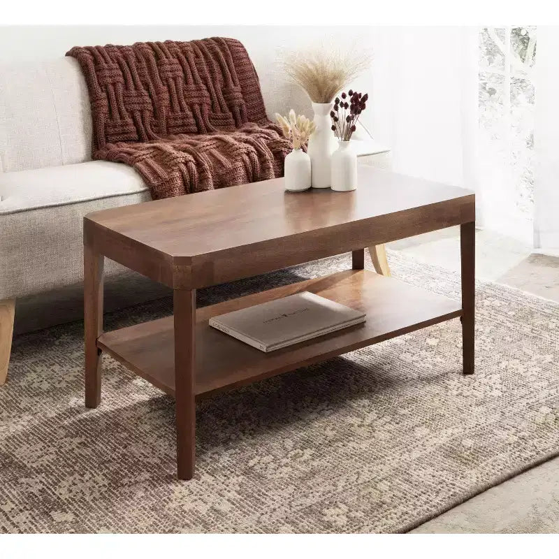 Table Basse Rectangulaire - Deux Niveaux en Bois de Mangue Massif, 36x20x18 Pouces