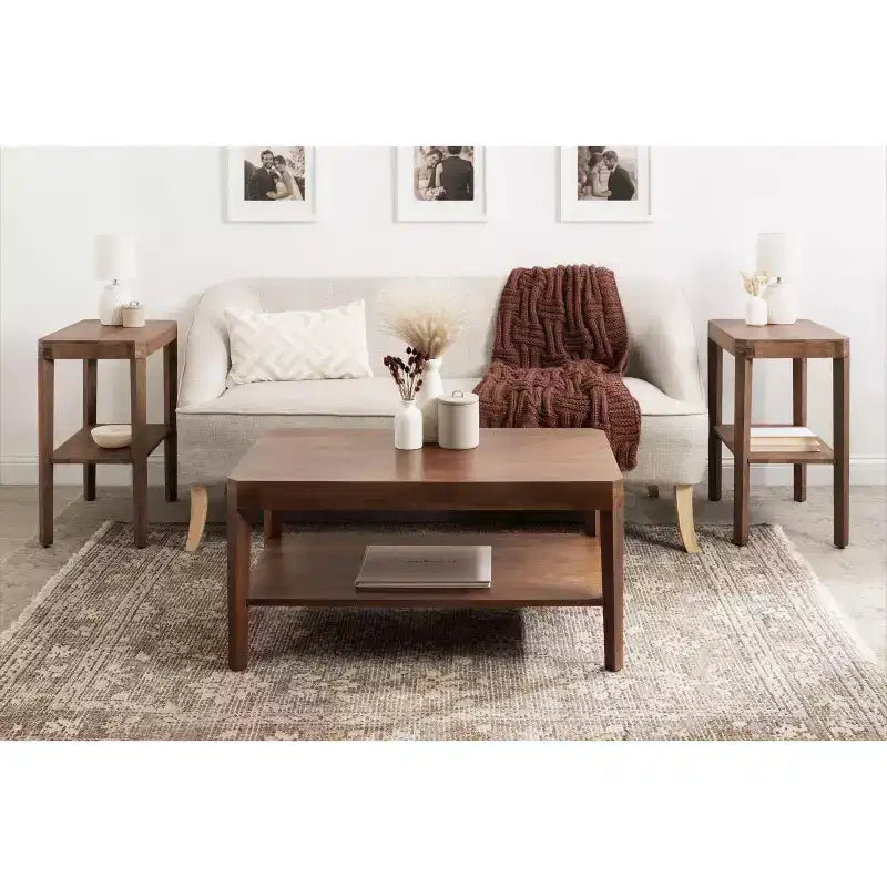 Table Basse Rectangulaire - Deux Niveaux en Bois de Mangue Massif, 36x20x18 Pouces