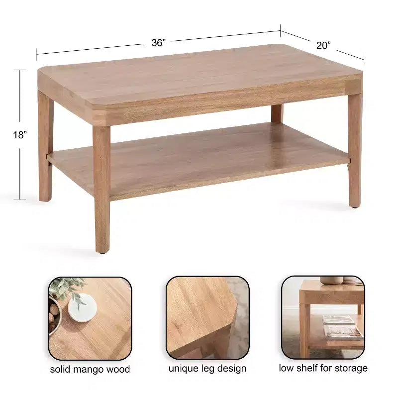 Table Basse Rectangulaire - Deux Niveaux en Bois de Mangue Massif, 36x20x18 Pouces