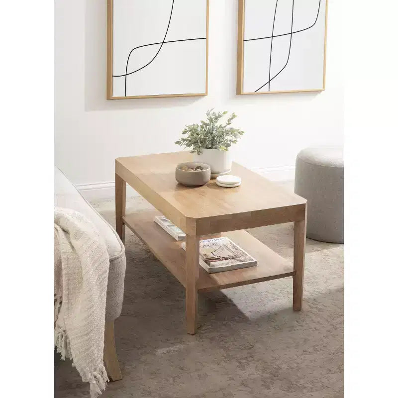 Table Basse Rectangulaire - Deux Niveaux en Bois de Mangue Massif, 36x20x18 Pouces