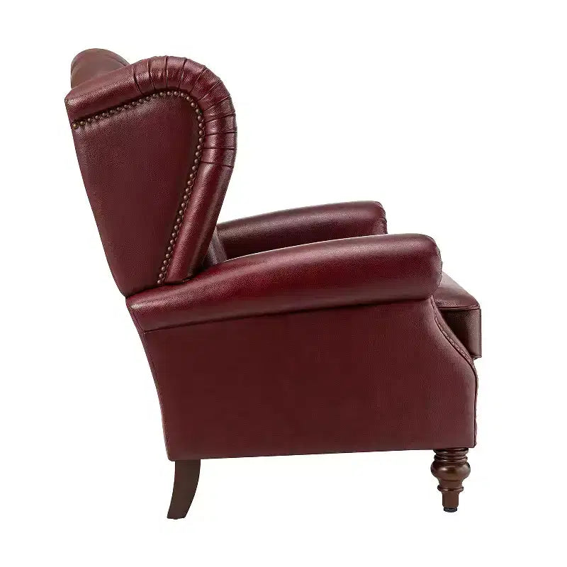 Fauteuil club en cuir véritable de 33 po – Dossier touffeté, garniture cloutée et pieds fuselés en bois
