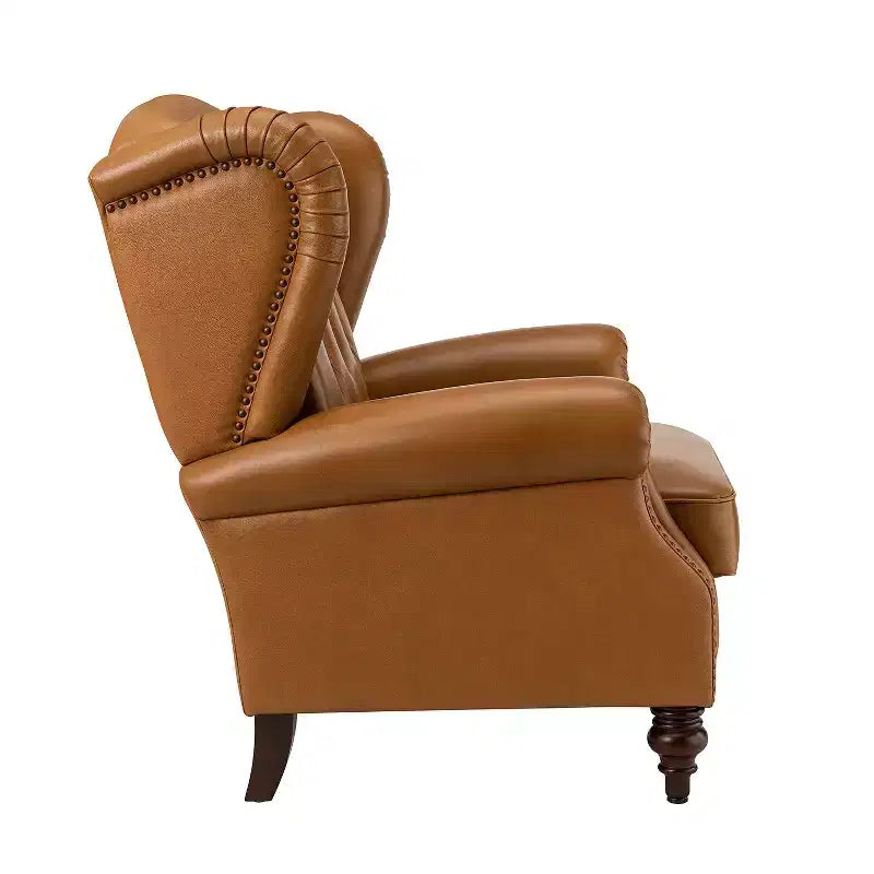 Fauteuil club en cuir véritable de 33 po – Dossier touffeté, garniture cloutée et pieds fuselés en bois