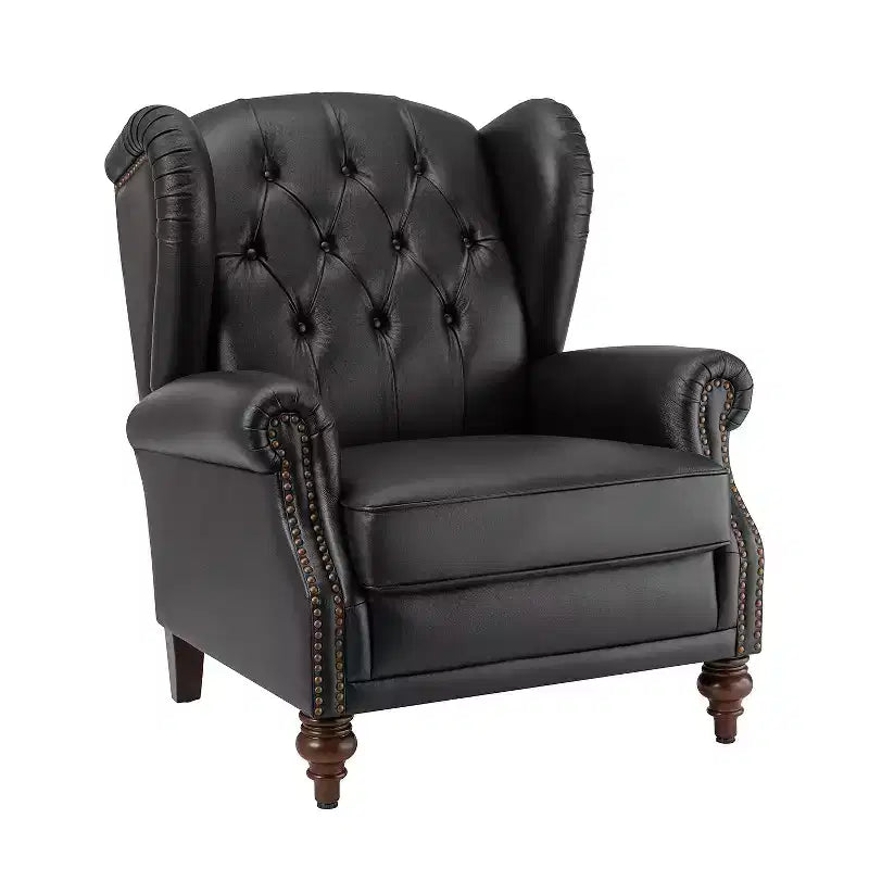Fauteuil club en cuir véritable de 33 po – Dossier touffeté, garniture cloutée et pieds fuselés en bois
