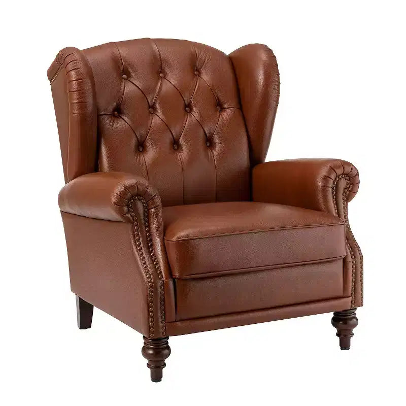 Fauteuil club en cuir véritable de 33 po – Dossier touffeté, garniture cloutée et pieds fuselés en bois