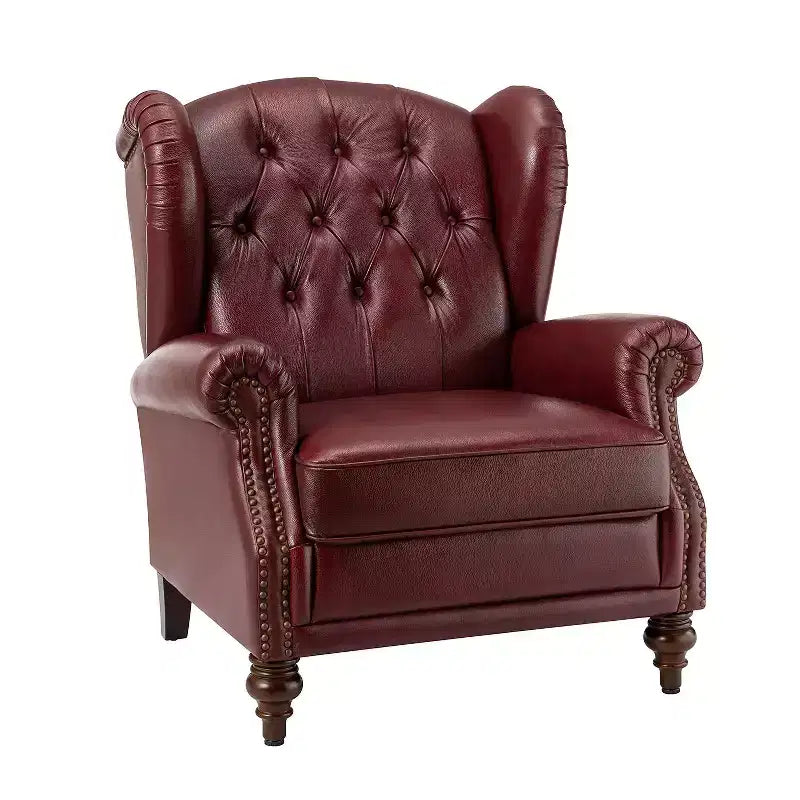 Fauteuil club en cuir véritable de 33 po – Dossier touffeté, garniture cloutée et pieds fuselés en bois