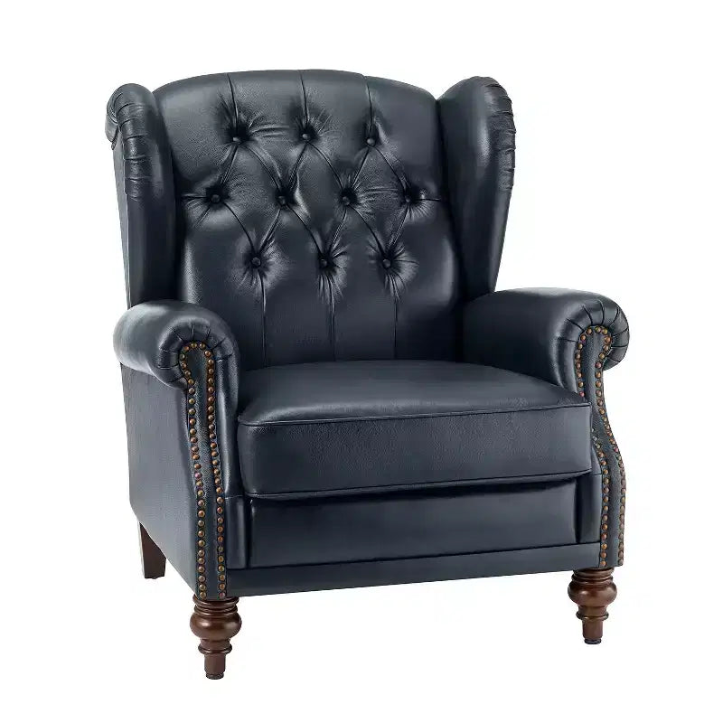 Fauteuil club en cuir véritable de 33 po – Dossier touffeté, garniture cloutée et pieds fuselés en bois