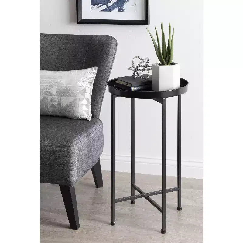 Table d'appoint pliante ronde en métal avec plateau - Noir et or, 35,5 cm