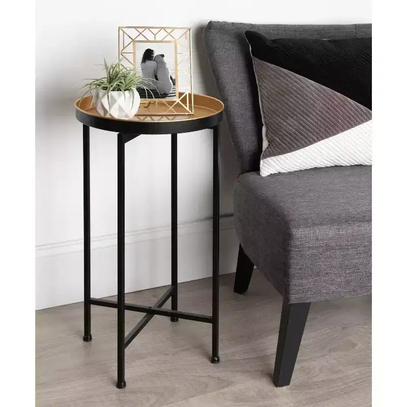Table d'appoint pliante ronde en métal avec plateau - Noir et or, 35,5 cm