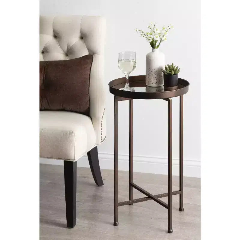 Table d'appoint pliante ronde en métal avec plateau - Noir et or, 35,5 cm