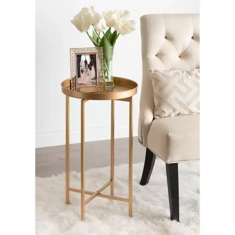 Table d'appoint pliante ronde en métal avec plateau - Noir et or, 35,5 cm