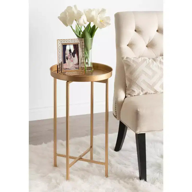 Table d'appoint pliante ronde en métal avec plateau - Noir et or, 35,5 cm