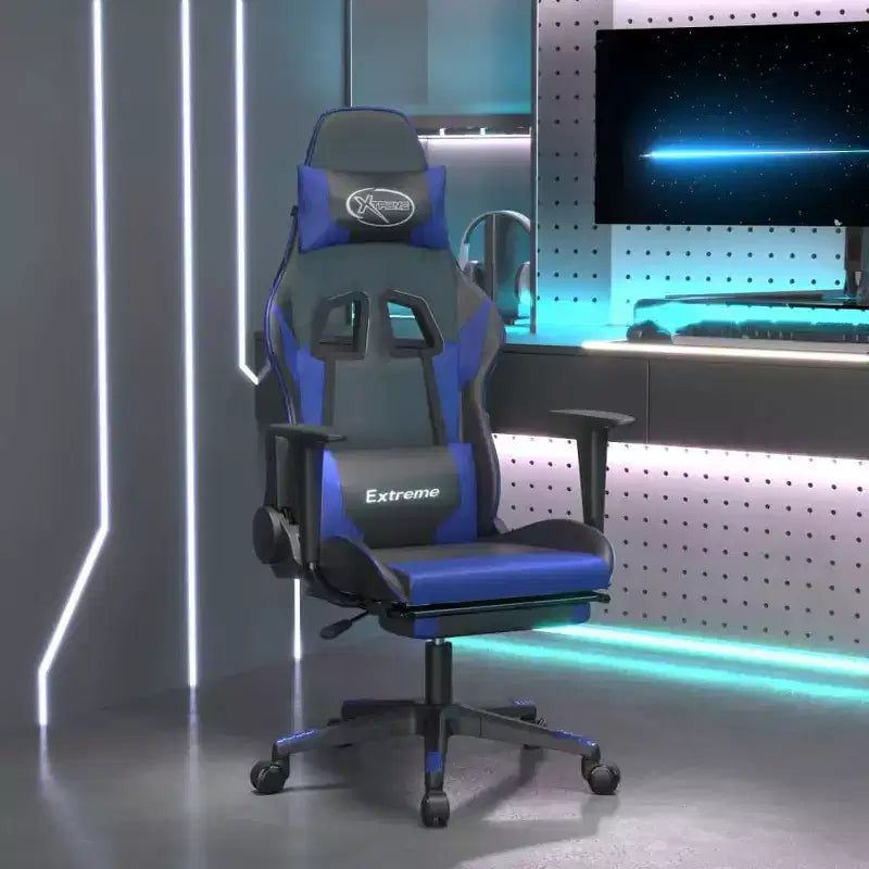 Chaise de gaming réglable avec repose-pieds, fonction massage et assise en similicuir - Noir et bleu