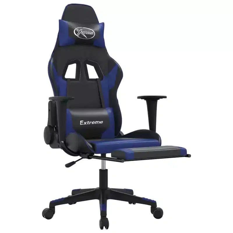 Chaise de gaming réglable avec repose-pieds, fonction massage et assise en similicuir - Noir et bleu