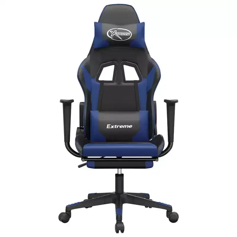 Chaise de gaming réglable avec repose-pieds, fonction massage et assise en similicuir - Noir et bleu